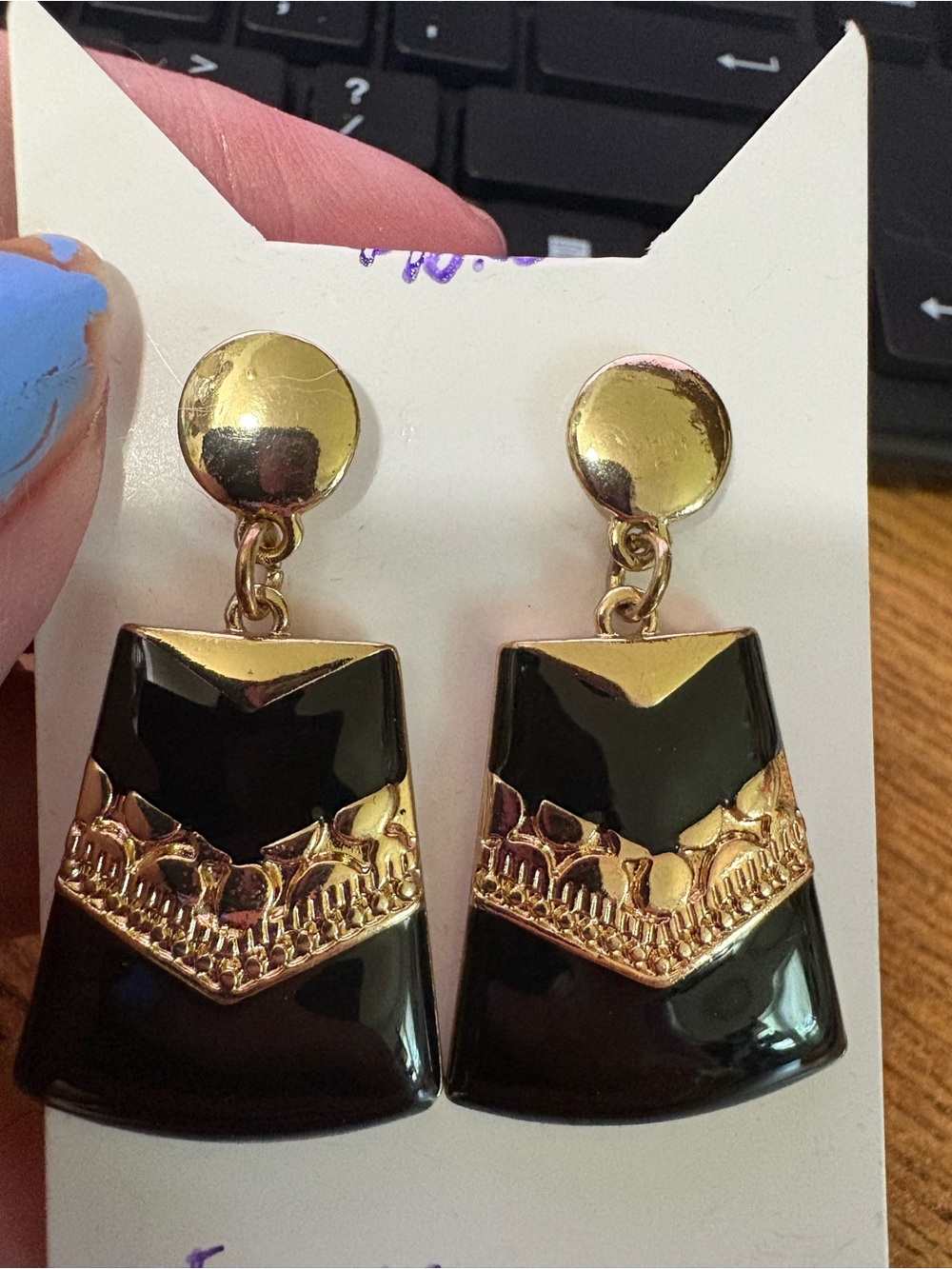 E401 Egyptian Revival Gold-Tone Black Enamel Earrings - Elegant Women's Jewelry